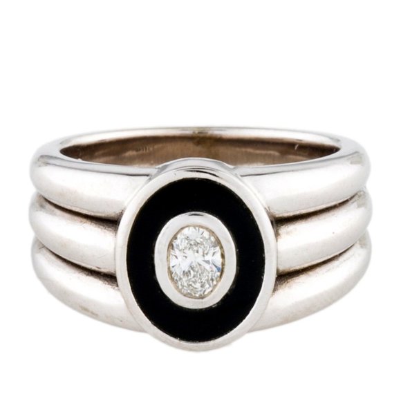 14K WHITE GOLD OVAL DIAMOND & ONYXBAND RING